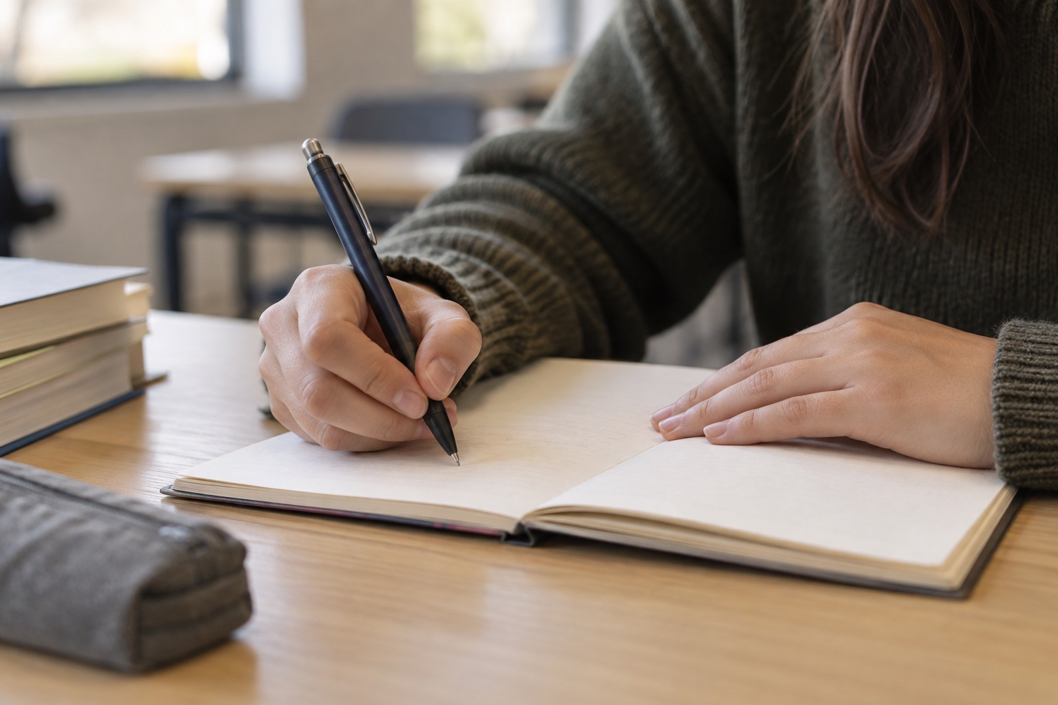 Manos escribiendo en un cuaderno.