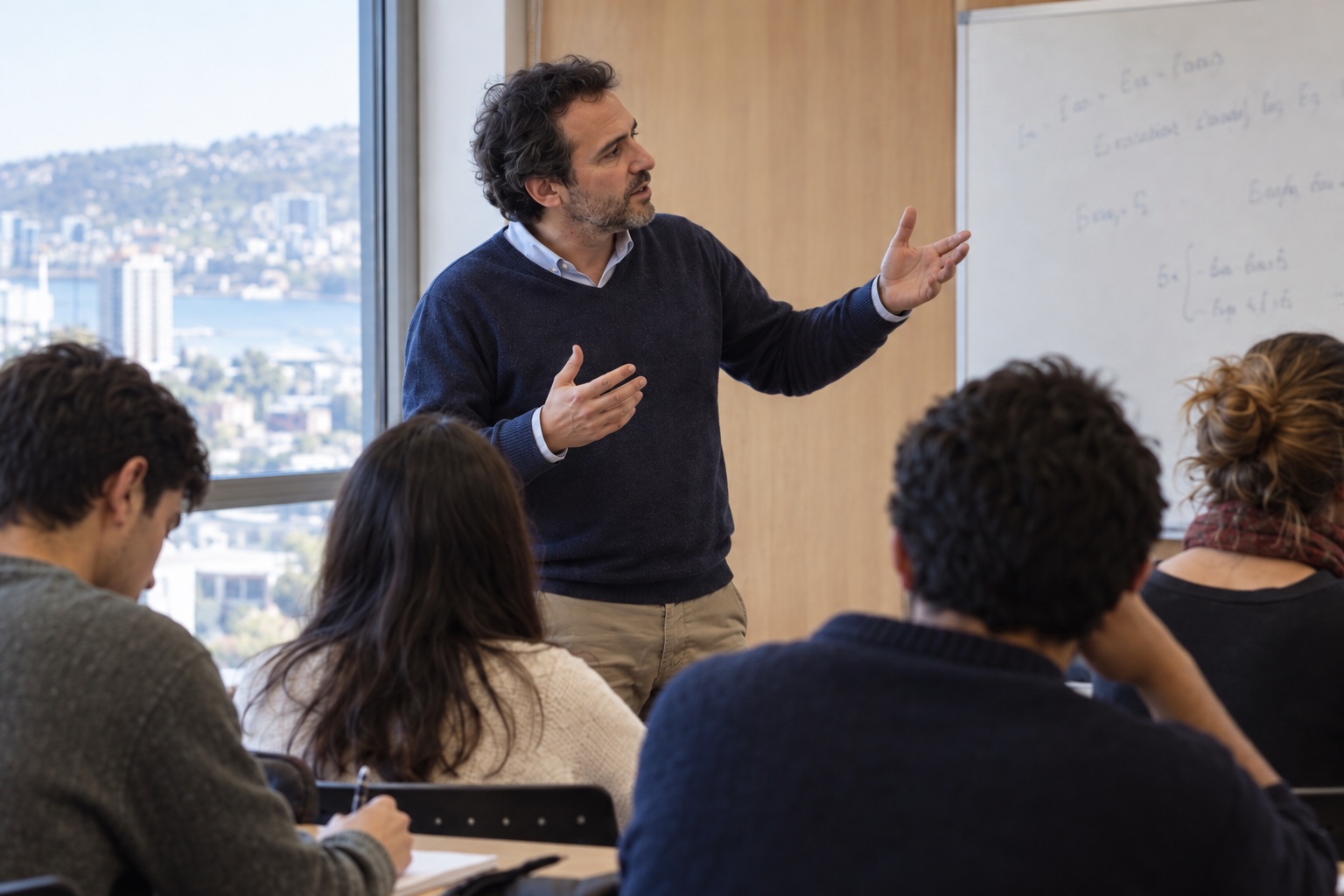 Profesor explicando frente a la pizarra.