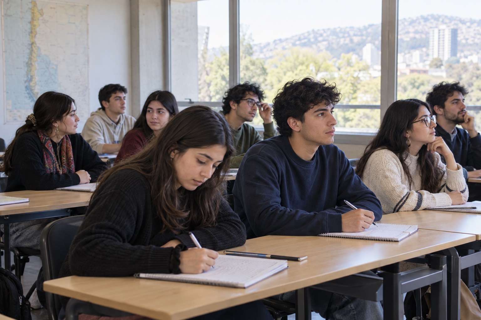 Sala de clases luminosa, estudiantes atentos.