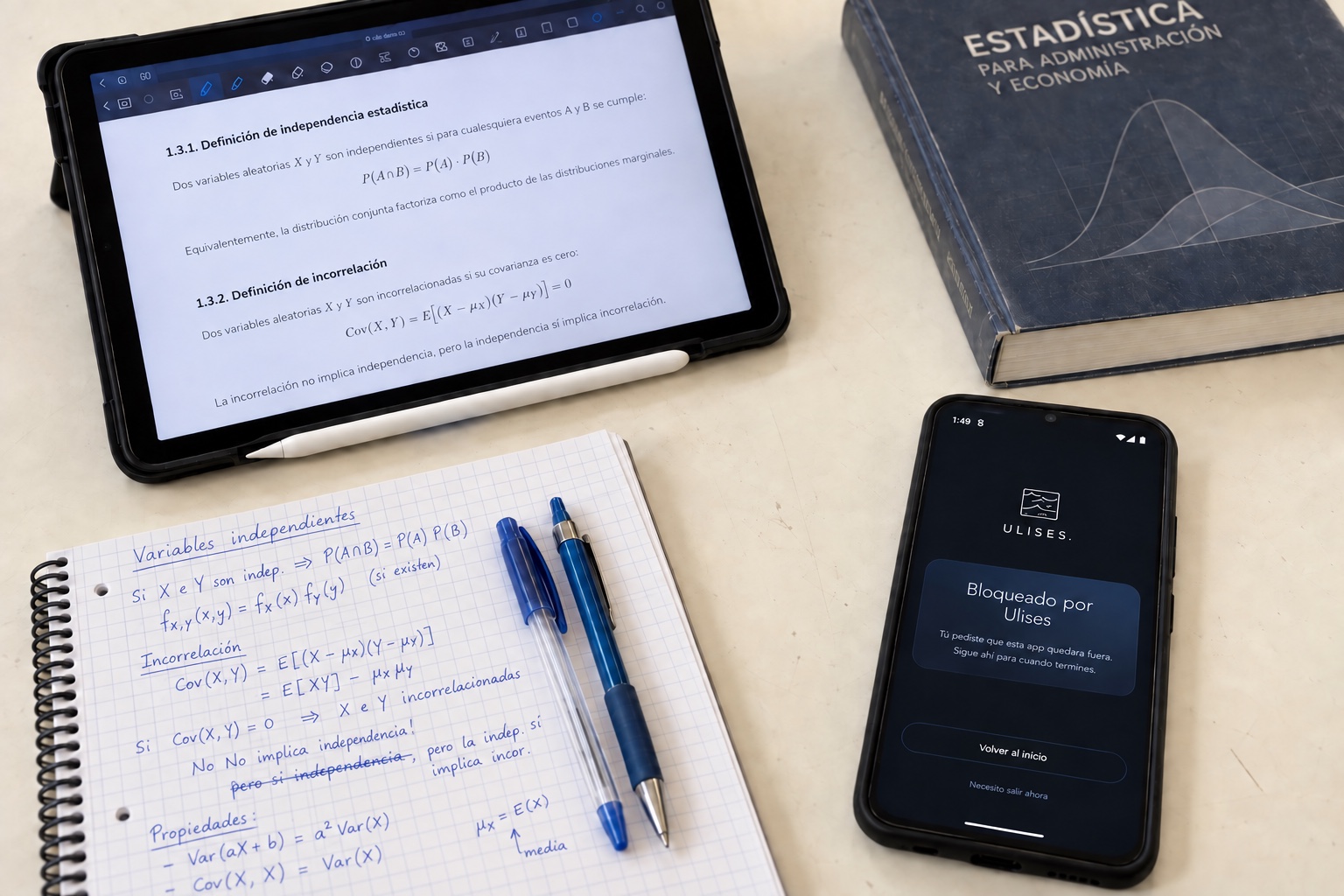 Escritorio de estudio: cuaderno, tablet con apuntes y el teléfono a un lado mostrando el bloqueo de ULISES.