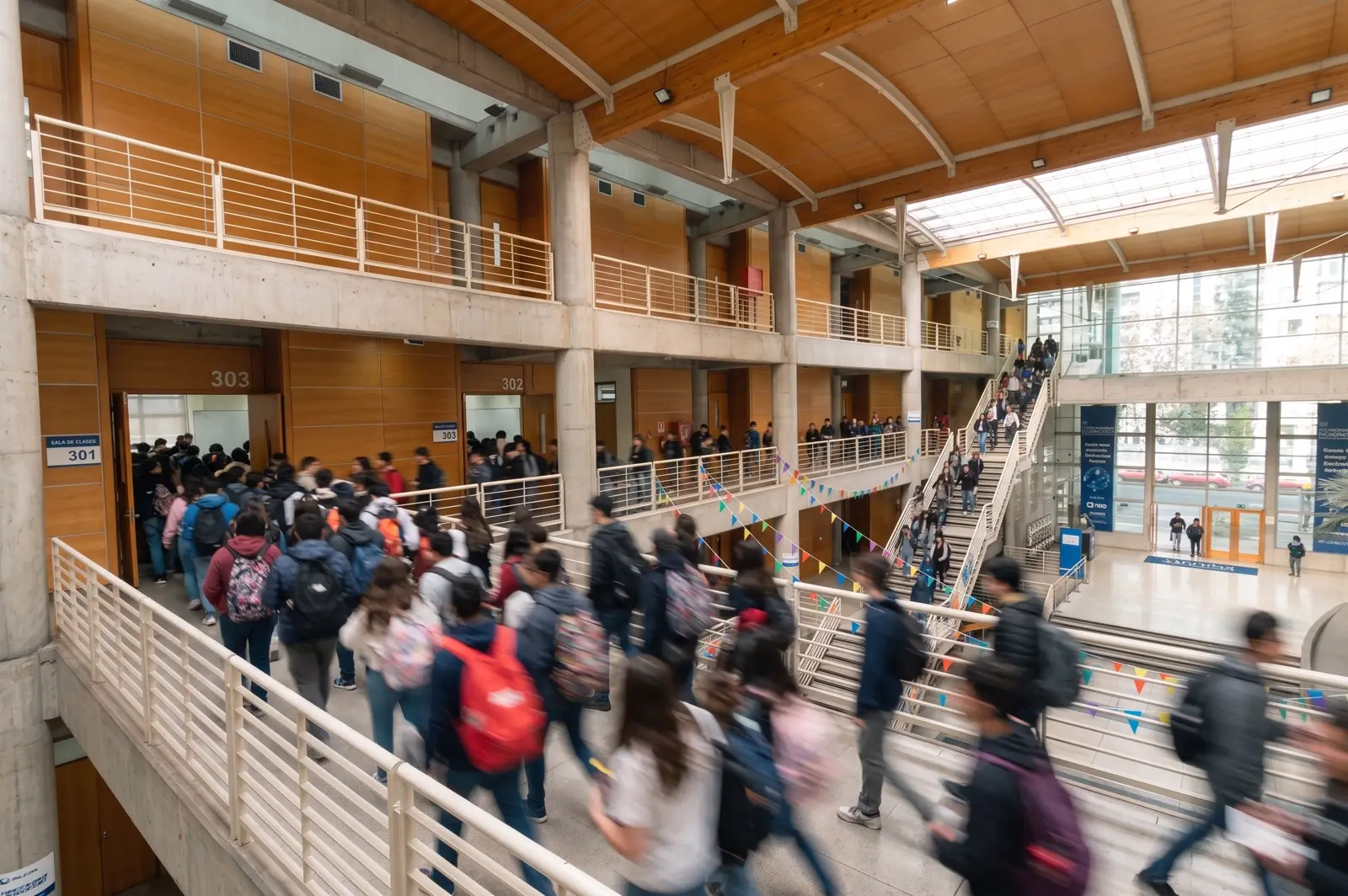 Entrada de una sala en el cambio de hora, en movimiento.